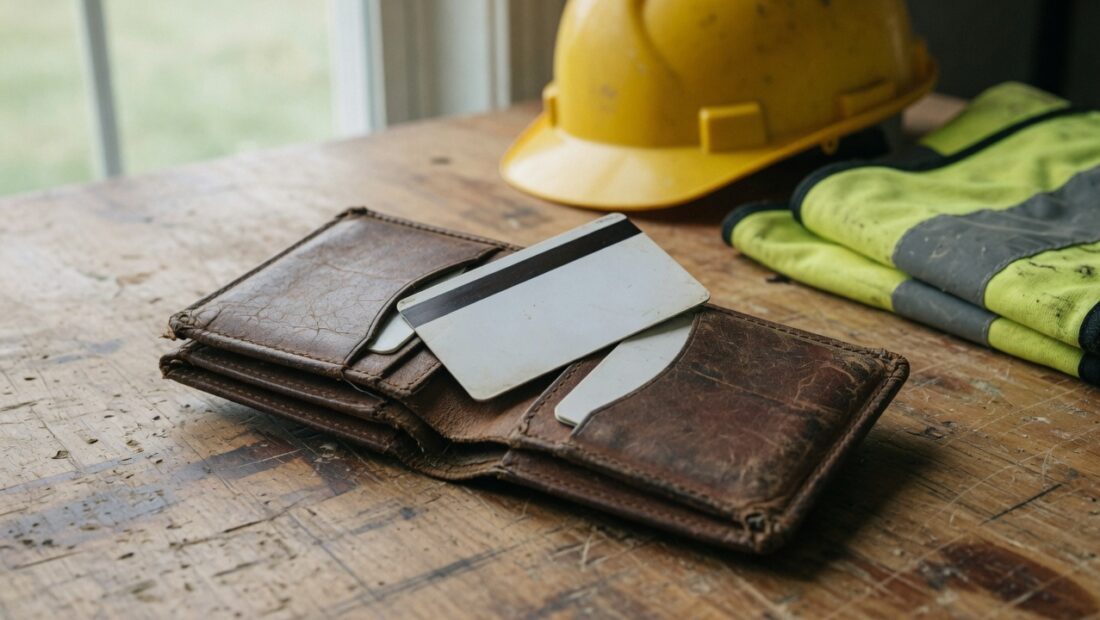 Portefeuille de travail et carte PVC sur un établi