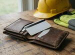 Portefeuille de travail et carte PVC sur un établi