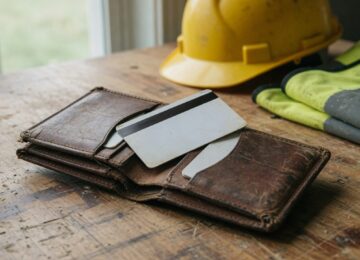 Portefeuille de travail et carte PVC sur un établi