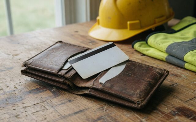 Portefeuille de travail et carte PVC sur un établi