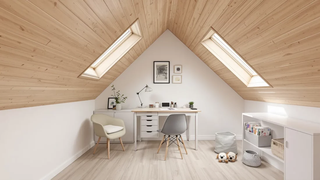 Combles aménagés en bureau lumineux sous une toiture en bois avec deux fenêtres de toit