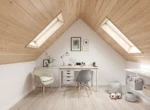 Combles aménagés en bureau lumineux sous une toiture en bois avec deux fenêtres de toit