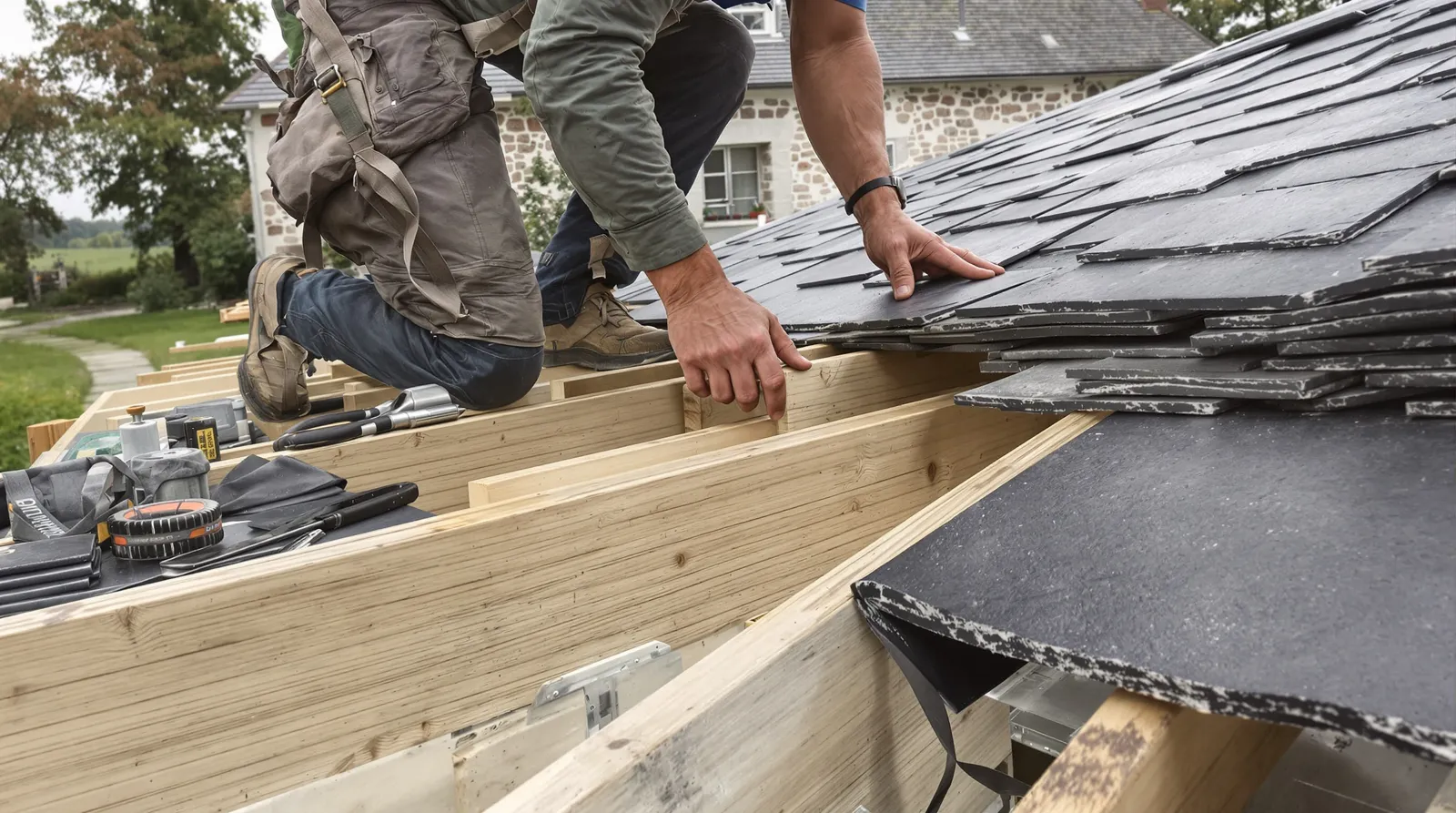 Couvreur posant des ardoises naturelles sur un toit en chantier