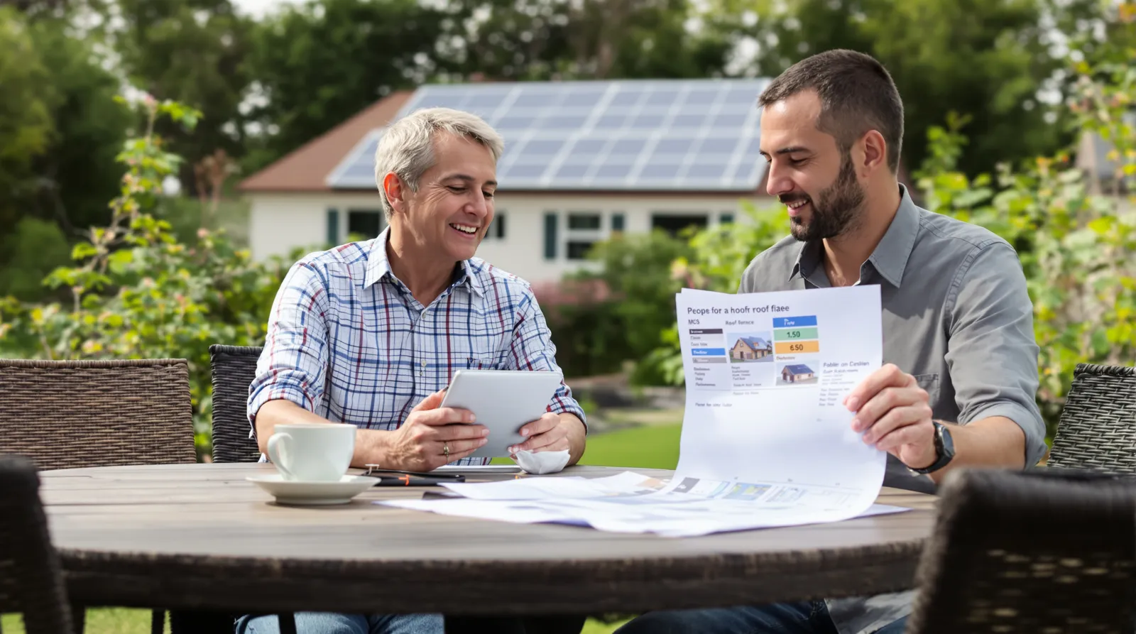 Propriétaire et installateur comparant un devis de panneaux solaires autour d'une table de jardin