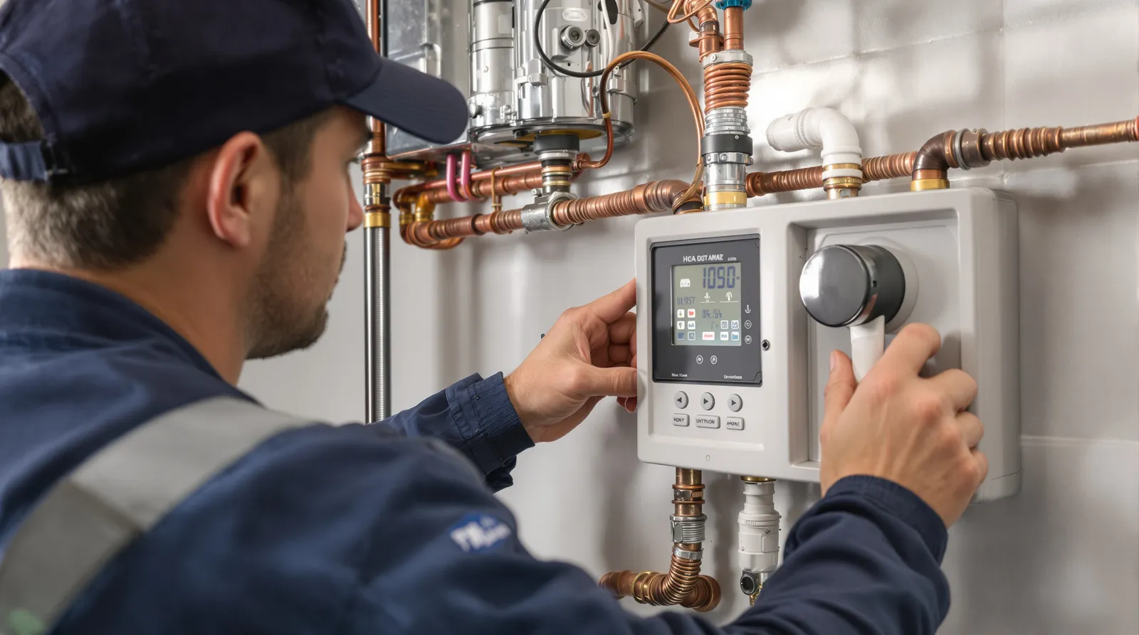 Installateur vérifiant le module hydraulique d'une pompe à chaleur dans un local technique