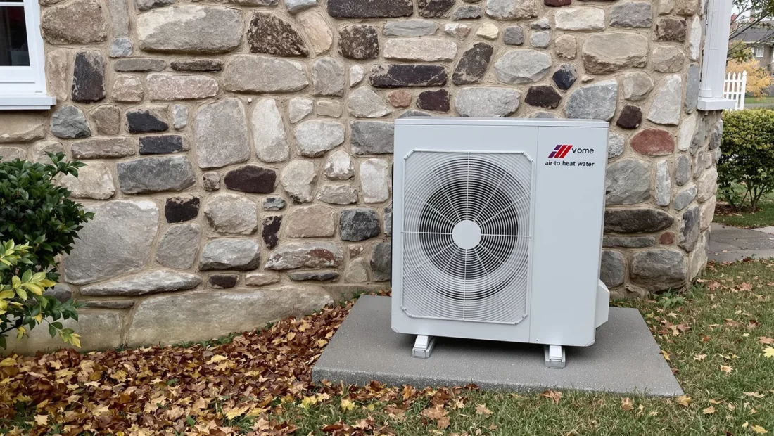 Unité extérieure de pompe à chaleur air-eau installée contre le mur d'une maison en pierre