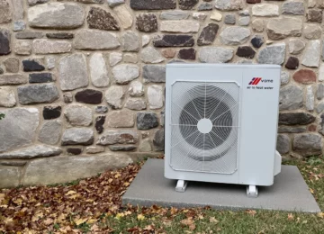 Unité extérieure de pompe à chaleur air-eau installée contre le mur d'une maison en pierre