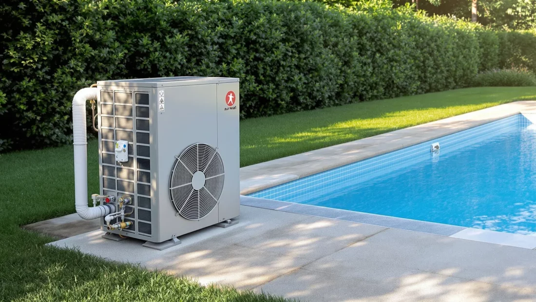 Pompe à chaleur installée sur une dalle au bord d'une piscine enterrée dans un jardin