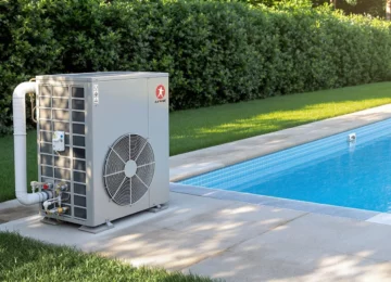 Pompe à chaleur installée sur une dalle au bord d'une piscine enterrée dans un jardin
