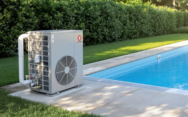 Pompe à chaleur installée sur une dalle au bord d'une piscine enterrée dans un jardin