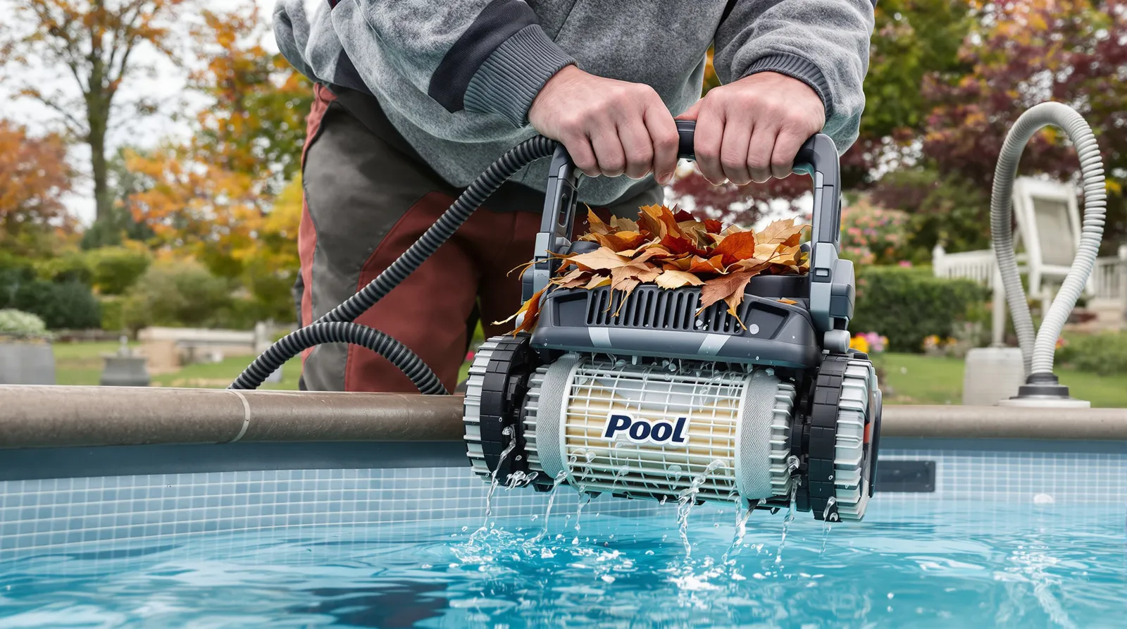 Jardinier qui sort de l'eau un robot de piscine, le panier filtrant plein de feuilles