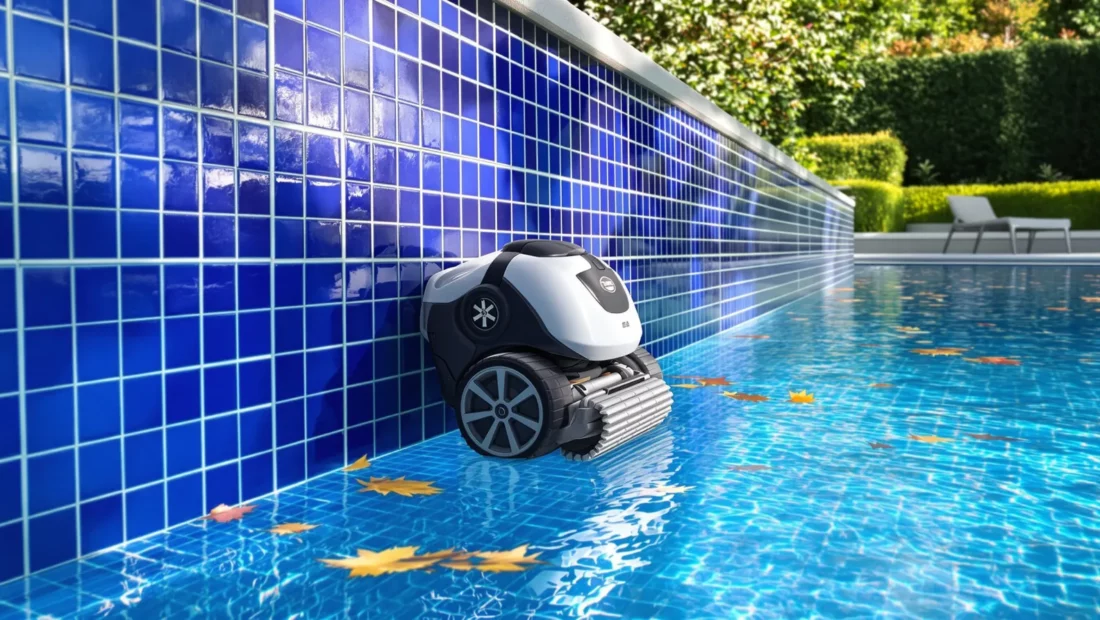 Robot de piscine sans fil qui grimpe la paroi carrelée d'une piscine enterrée à l'automne