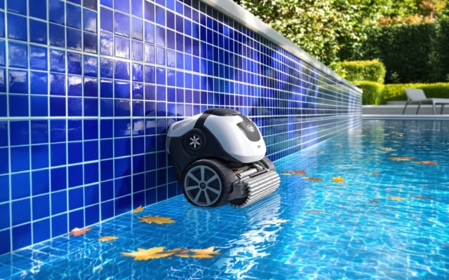 Robot de piscine sans fil qui grimpe la paroi carrelée d'une piscine enterrée à l'automne