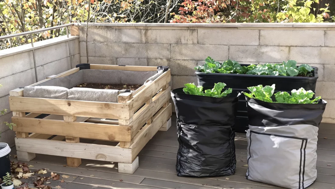 Potager surélevé pas cher avec palette de récupération, bac plastique sur pieds et sacs de culture sur une terrasse