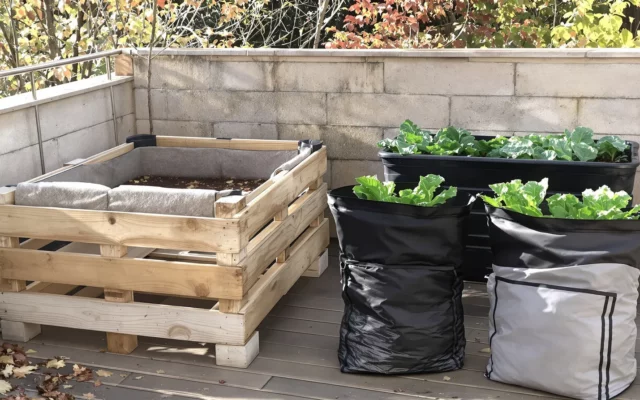 Potager surélevé pas cher avec palette de récupération, bac plastique sur pieds et sacs de culture sur une terrasse