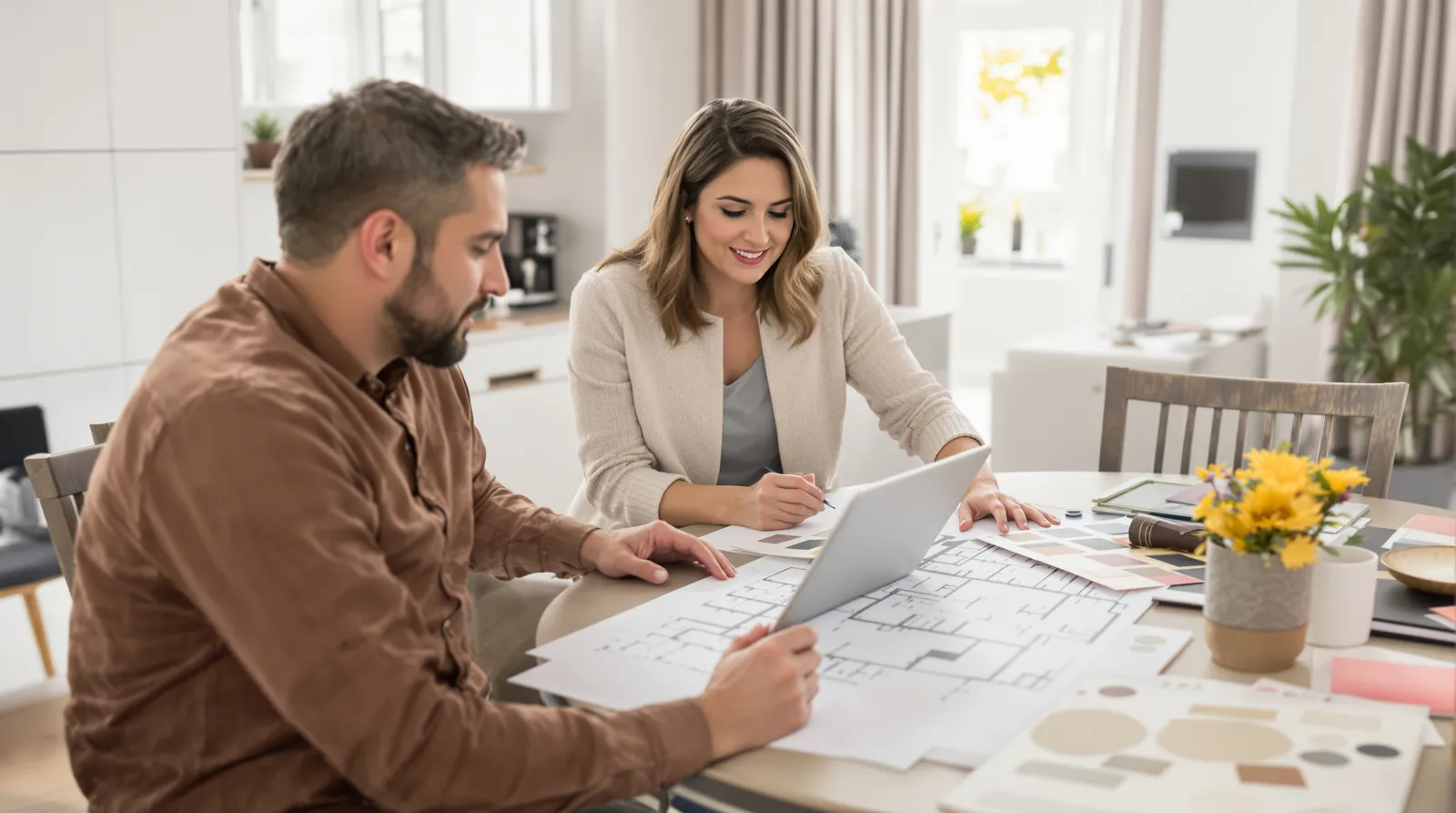 Décorateur d'intérieur et propriétaire examinant des plans et des échantillons de matériaux autour d'une table