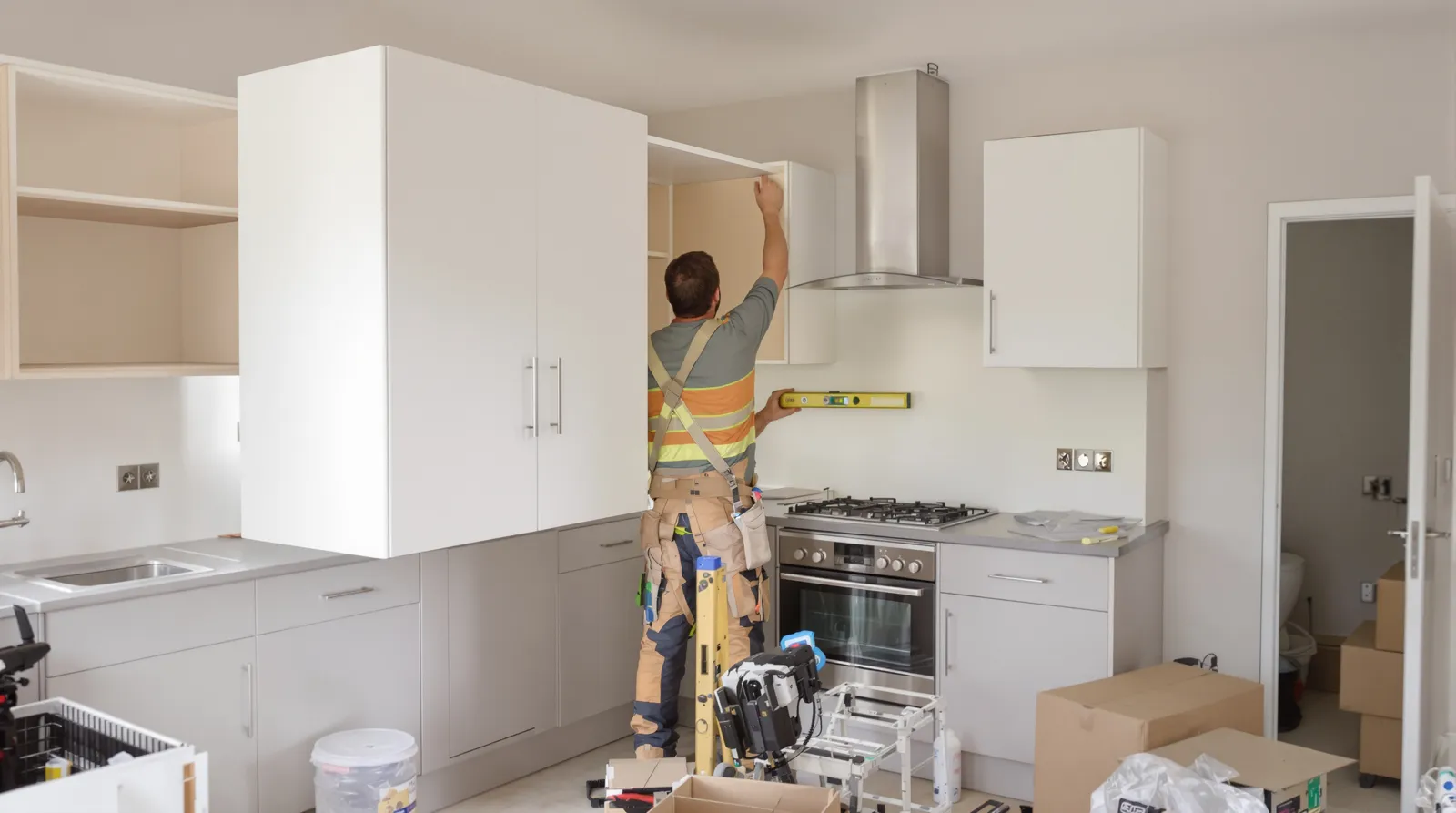 Pose d'un meuble haut de cuisine au niveau à bulle lors de l'installation d'une cuisine équipée