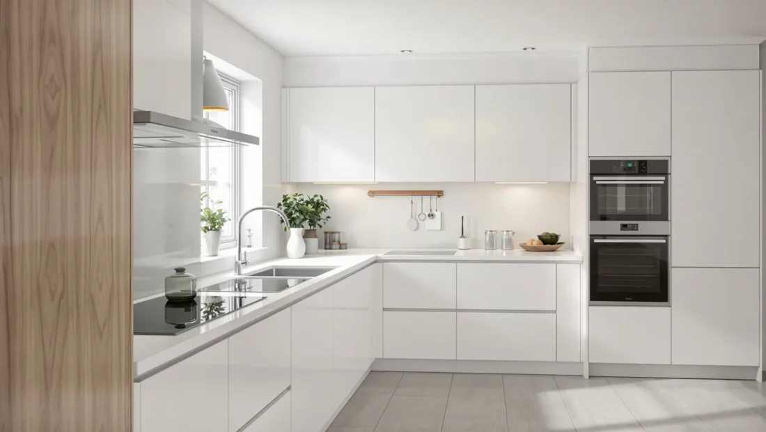 Cuisine équipée moderne aux façades blanches et chêne clair avec plan de travail en quartz