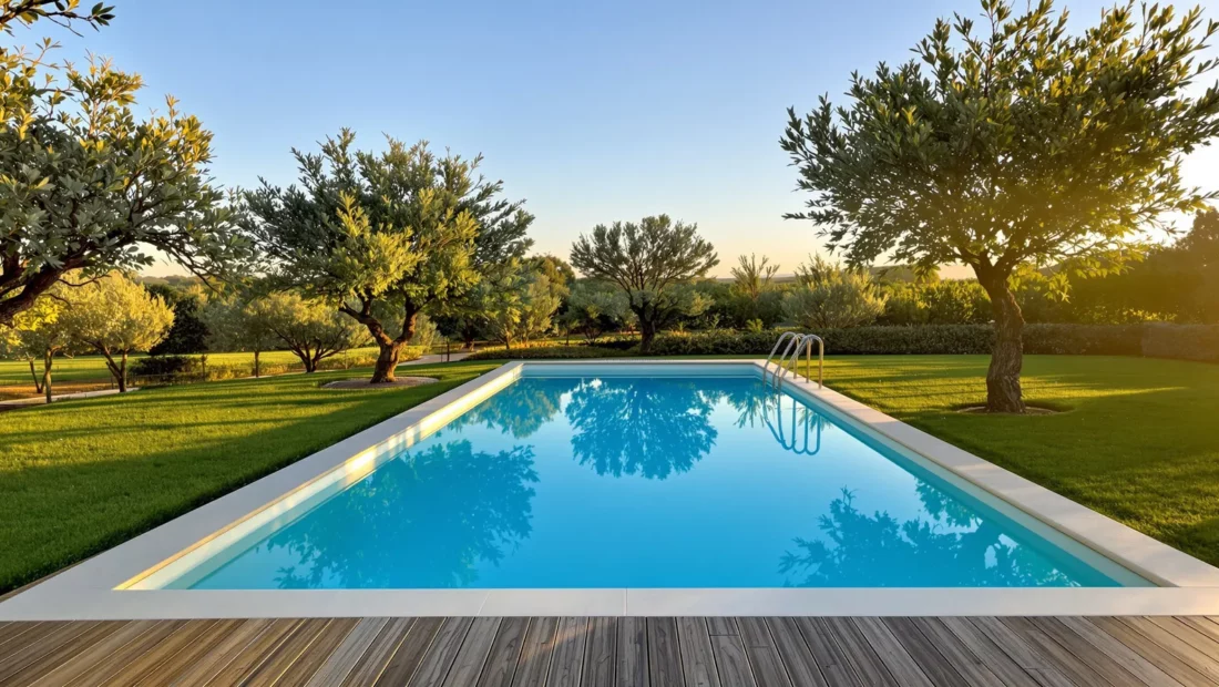 Piscine enterrée rectangulaire à l'eau turquoise dans un jardin au crépuscule