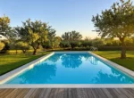Piscine enterrée rectangulaire à l'eau turquoise dans un jardin au crépuscule
