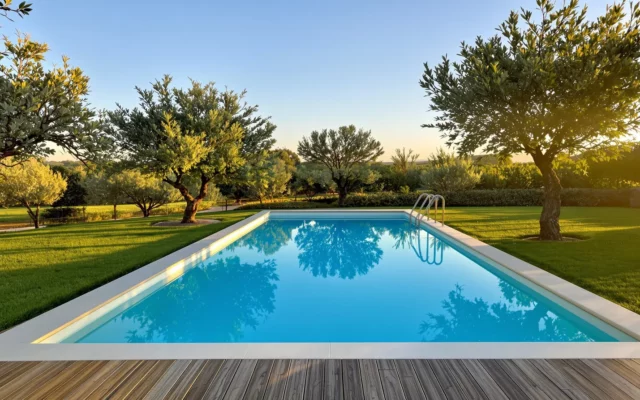 Piscine enterrée rectangulaire à l'eau turquoise dans un jardin au crépuscule